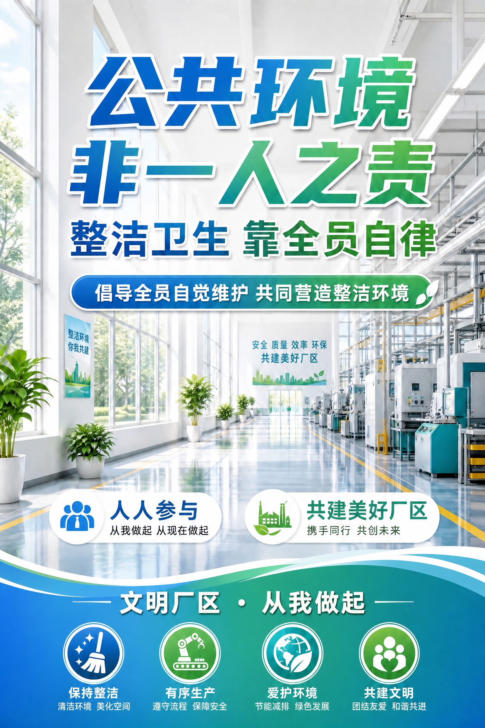 基于这张厂区卫生宣传海报进行调整：去掉右下角的二维码占位方块，… - 图片创意预览