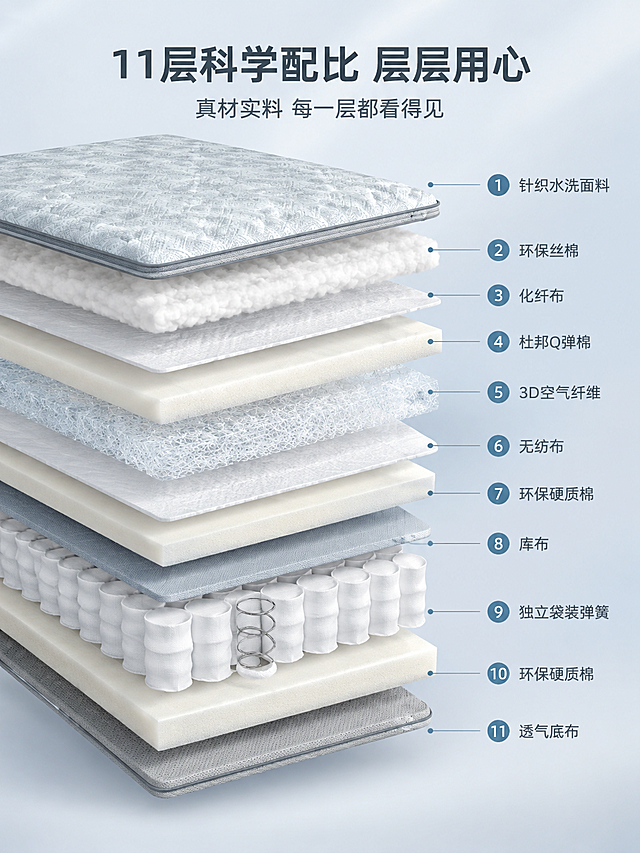 [商品] 使用【图5】中的灰白菱格纹绗缝床垫（带淡蓝色调），灰色拉链边带，展示内部结构分层，保留产品原貌、颜色、材质和纹理。
[画面] 页面目标：床垫结构解析图，11层结构分层展示。构图：中心是床垫3D爆炸分层图，从上到下各层材料依次展开，每层有引线标注名称。背景是浅灰蓝色渐变，简洁高级。各层从上到下：1针织水洗面料、2环保丝棉、3化纤布、4杜邦Q弹棉、5 3D空气纤维、6无纺布、7环保硬质棉、8库布、9独立袋装弹簧、10环保硬质棉、11透气底布。每层材质质感真实可见，弹簧层展示独立袋装弹簧的细节。整体画面专业、清晰、有科技感。
[视觉] 套系策略：风格=现代轻奢高端商业摄影；标题字=现代简约无衬线粗体；正文字=简洁无衬线体；主色=灰蓝+暖白+浅木色；背景延展=基于灰蓝暖白做深浅层级、渐变背景和柔和侧光；强调色=雾霾蓝，仅用于小面积引线、图标和高亮层；标题色=深炭灰；正文色=中暖灰；组件=细线引线标注、数字序号标签；光影=左侧45度柔光，各层材质质感清晰。
[文字] 顶部主标题「11层科学配比 层层用心」，副标题「真材实料 每一层都看得见」。每层右侧引线标注材质名称和序号。文字清晰可读，不遮挡主要结构。
[规格] 图片比例3:4竖版，4K分辨率，quality=medium，避免变形、错字、文字过小、产品颜色改变、结构失真。