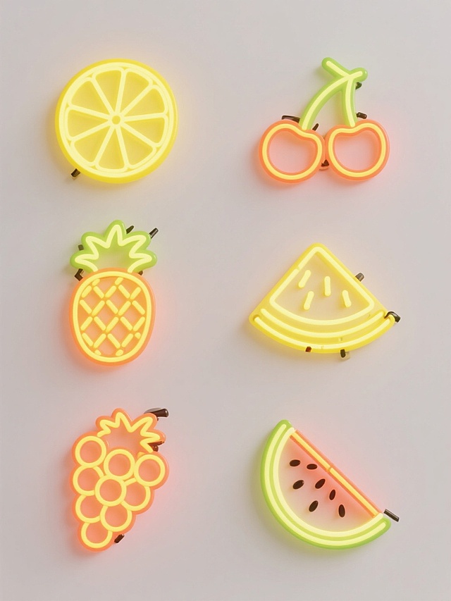 六个不同造型的霓虹灯元素系列素材集合，每个元素均采用黄色霓虹灯线条勾勒轮廓，内部填充明亮的暖黄色光晕，并带有柔和的橙色边缘发光效果，所有元素规整排布在纯白色纯色背景上，整体保持一致的霓虹灯艺术风格，元素造型分别为：柠檬切片、樱桃、菠萝切片、草莓、葡萄串、西瓜切片。