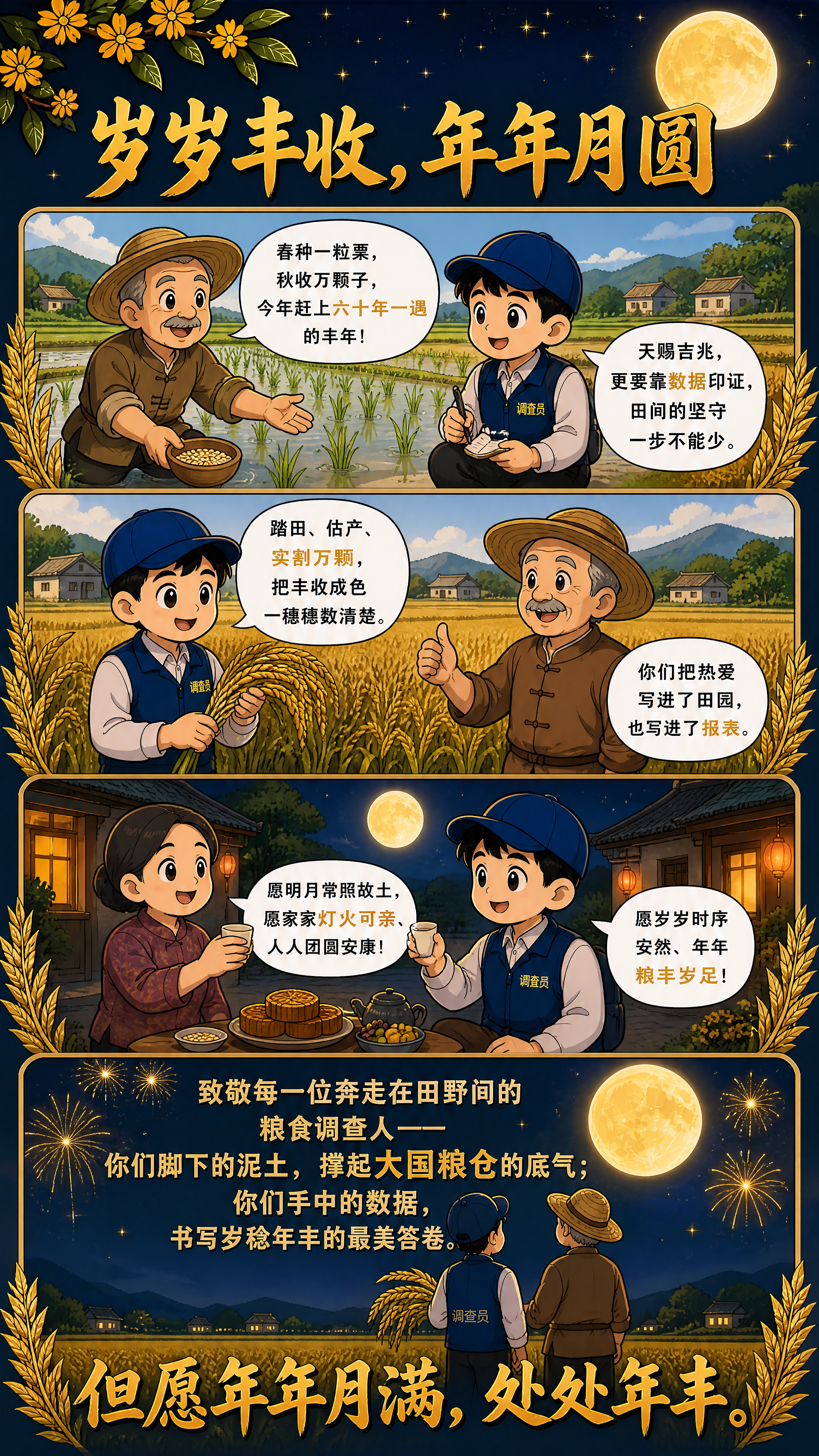 竖版四格漫画长图，深蓝色夜空背景配金色星光、金黄稻穗、一轮圆满… - 图片创意预览