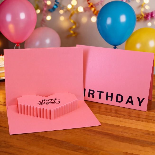 基于原图粉色立体爱心生日贺卡，保留贺卡主体结构和文字"Happy Birthday""IRTHDAY"，添加生日派对场景背景，参考第二张图的场景风格，相似度50%，图片比例1:1，4K高清，温馨生日氛预览效果