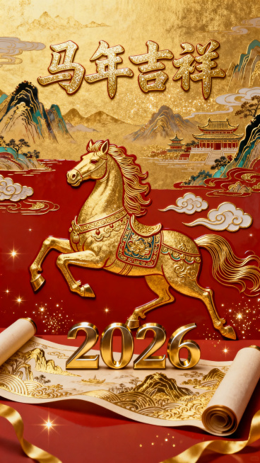 2026马年新年主题竖版海报，以大红色渐变背景为主，画面上方有金色书法字体书写的"马年吉祥"主标题，字体带有金粉质感与立体浮光效果。画面中央是一匹金色奔马，采用传统国潮风格，用金色渐变、金箔粉点和简化预览效果