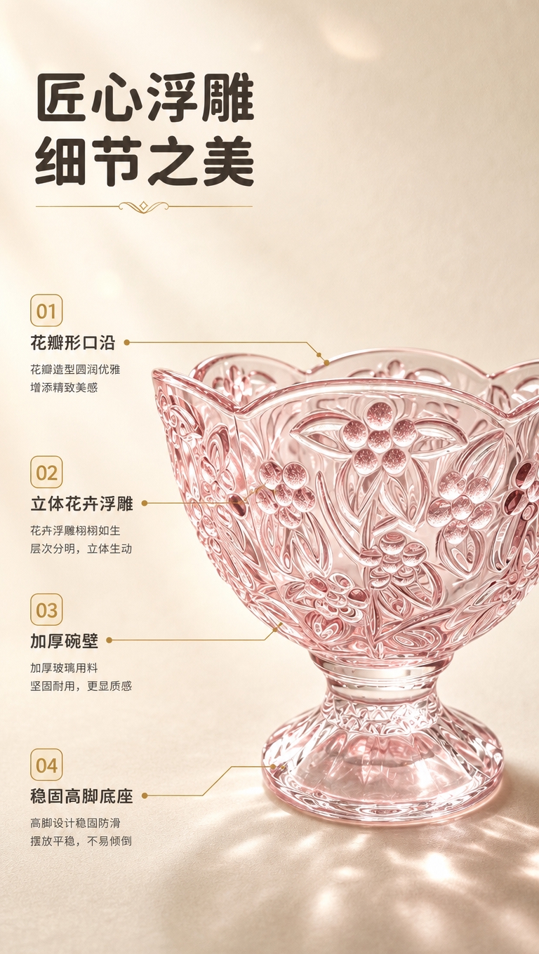 [商品] 使用【图3】浮雕粉晶高脚玻璃碗；保留花瓣形口沿、立体… - 图片创意预览