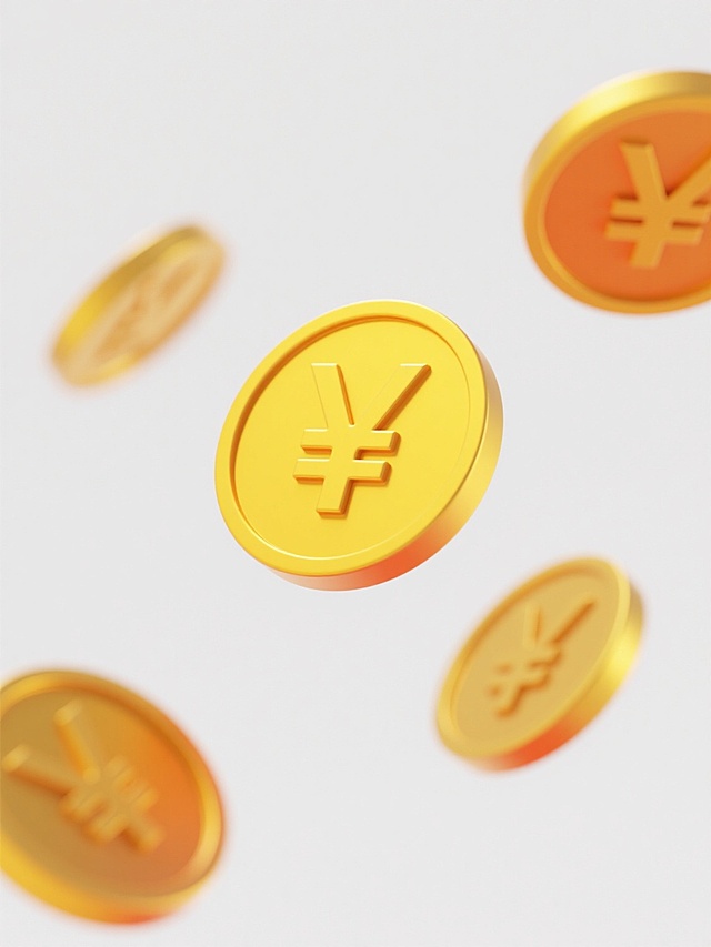 金色的日元硬币以不同角度和位置悬浮在纯白色干净背景上，硬币表面有清晰的日元符号，边缘带有亮黄色高光和橙色渐变阴影，部分硬币呈现动态模糊的运动轨迹，整体画面保持约70%的空白区域，营造出轻盈、简洁且富有空间感的视觉效果，无任何文字、LOGO、二维码及多余装饰元素。
