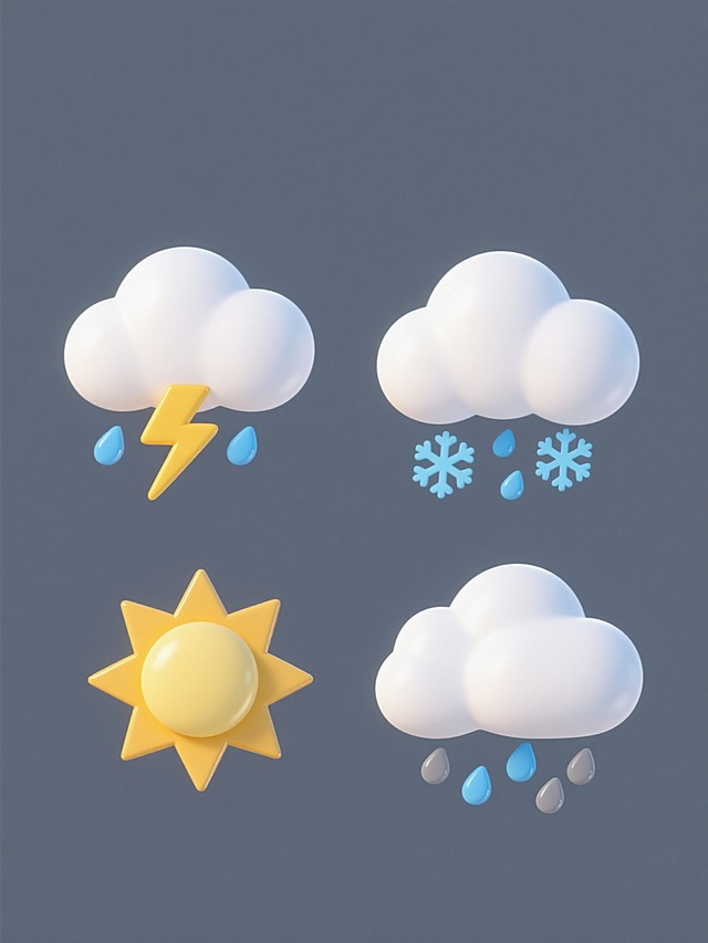 一套4个完全不同的天气元素图标组成的系列素材集合，每个图标均采用3D渲染的圆润Q版风格，纯白色立体云朵造型，带有柔和的体积感和细腻的明暗过渡，整体为纯色背景，规整排布成2x2网格布局。第一个图标是云朵下方带有黄色闪电和蓝色雨滴的雷阵雨天气；第二个图标是云朵下方飘落着蓝色雪花的下雪天气；第三个图标是云朵下方有金色太阳光芒和黄色光晕的多云转晴天气；第四个图标是云朵下方带有灰色雨滴和蓝色水滴的小雨天气，所有元素保持一致的设计语言和视觉统一性。