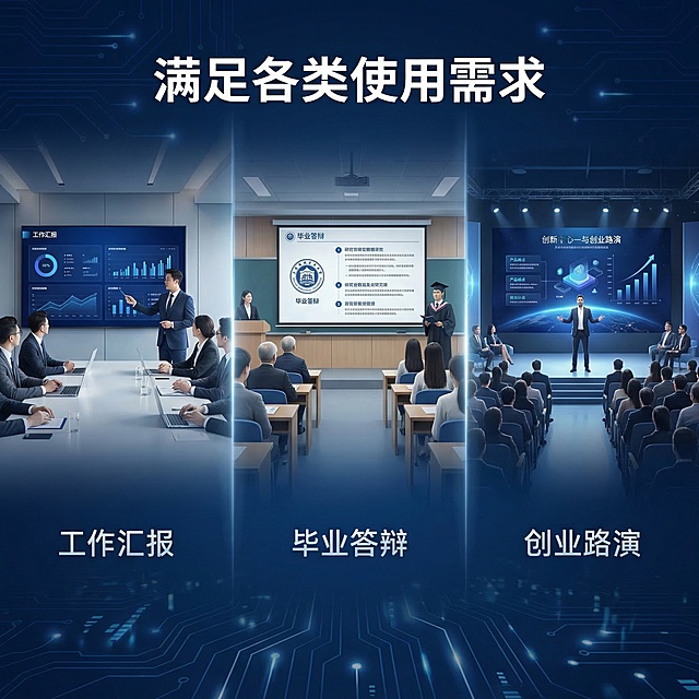PPT模板使用场景展示主图，简约商务科技风，深蓝色科技背景，分三格拼图展示不同使用场景：第一格工作汇报场景，第二格毕业答辩场景，第三格创业路演场景，三个场景自然分割，光影统一，背景铺满全屏无边框，主色调深蓝色，辅助色浅蓝和银白。顶部主标题白色粗体 " 满足各类使用需求 "，每个小场景下方标注对应场景名称，文字用浅白色无衬线体，整体排版清晰，自然传递产品通用性。
