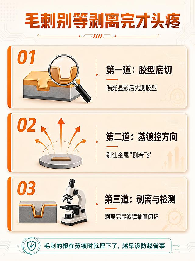 三道防线总览信息图，标题为"毛刺别等剥离完才头疼"，位于画面顶部。下方纵向排列三个横向圆角卡片，浅杏橙色底色，左侧有暖橙色竖条装饰，每张卡片左上角有大号数字序号01/02/03。卡片1：图标为胶型剖面+放大镜，标题"第一道：胶型底切"，小字说明"曝光显影后先测胶型"。卡片2：图标为蒸发方向箭头，标题"第二道：蒸镀控方向"，小字说明"别让金属'侧着飞'"。卡片3：图标为剥离槽+显微镜，标题"第三道：剥离与检测"，小字说明"剥离完显微镜抽查闭环"。画面底部有青色小字提示条："毛刺的根在蒸镀时就埋下了，越早设防越省事"。整体风格简洁专业，科技感，暖橙主色调，竖版2K。