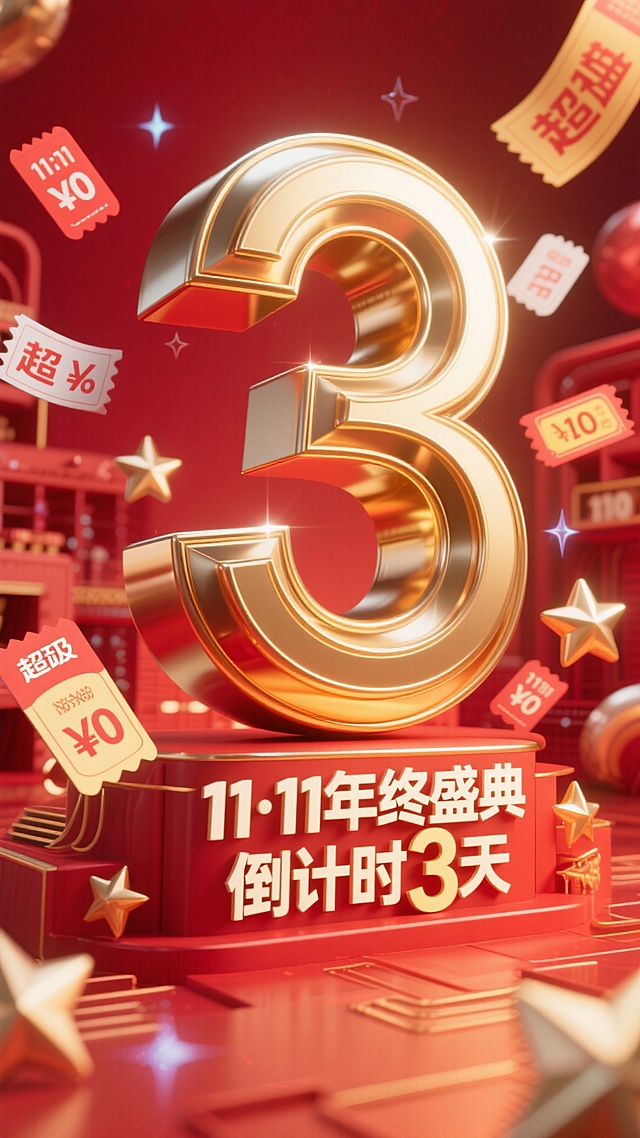 金属艺术字体设计“11·11年终盛典 倒计时3天”中的“3”要大突出，成为画面主体，金色金属质感，红色背景，活动氛围，促销元素包围