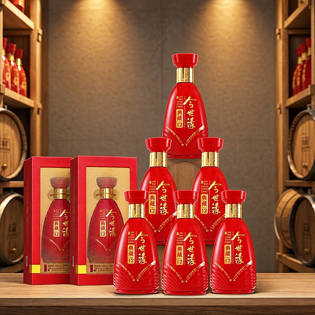 产品场景图，1:1比例。场景为整箱囤货/陈列场景，浅色木质货架上整齐堆叠着6瓶今世缘典藏12白酒（红色瓶身配金色瓶盖和金色文字），呈金字塔形排列，旁边还有两个红色礼盒。背景为浅灰色仓库/酒窖风格，有暖黄色射灯照明，营造整箱囤货、品质保障的氛围。产品整体占画面约50%，气势十足。商业摄影质感，射灯暖光照明，产品受光均匀，红色瓶身鲜艳饱和，金色装饰光泽清晰，底部接触阴影真实自然。严格保持产品外观、结构、材质、颜色与输入图一致，瓶型不得变形，标签文字和logo清晰可辨。比例1:1，2K分辨率，无水印无平台logo，无广告法违禁词，无日期无厂址宣传。