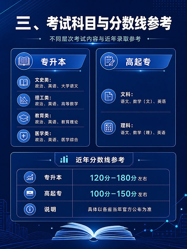 教育宣传图文海报，延续深蓝色简约商务统一风格，背景和字体样式与前两张一致，内容包含标题"三、考试科目与分数线参考"，主要介绍专升本、高起专不同类别考试科目，并列出近年分数线参考，排版清晰，文字简洁易读，图片比例3:4