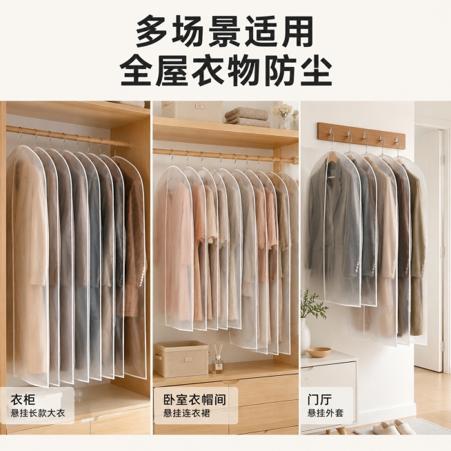「图片1」「图片1」「图片1」，生成一套主图（5张），商品名称是衣物防尘罩，卖点是可水洗，家用挂式，保养衣物，防尘防潮，适配抖音平台，主图比例为1:1预览效果