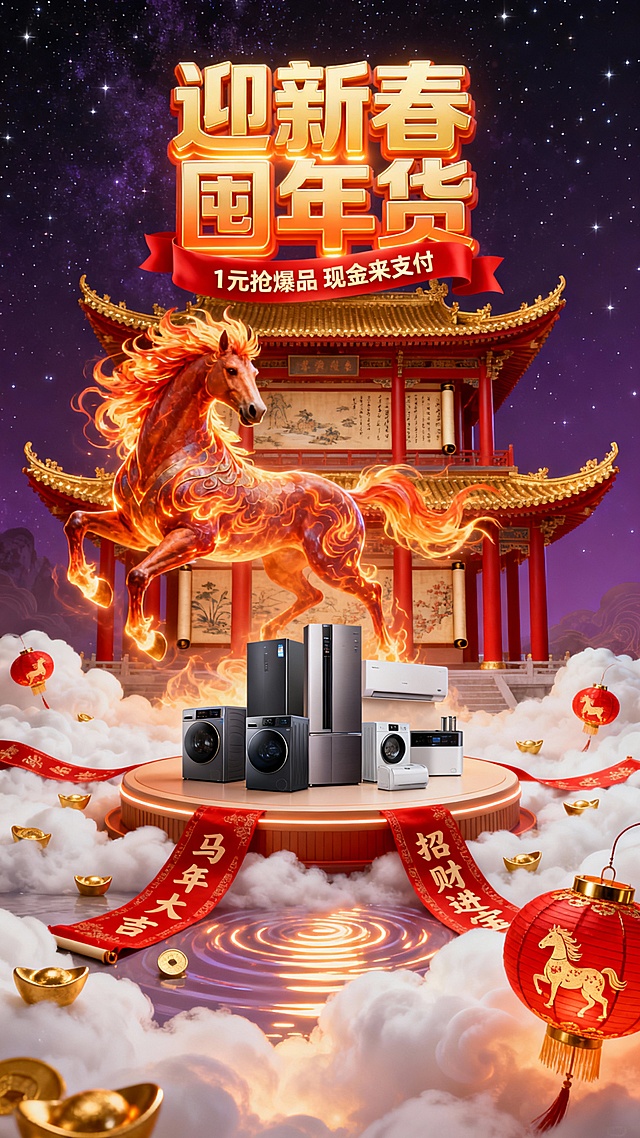 国潮风3D场景，鎏金火焰骏马腾云驾雾，中式古建筑与家电陈列融合，粒子光影营造梦幻喜庆感，金属质感与重拟物设计凸显体积感，新春年货主题尽显。