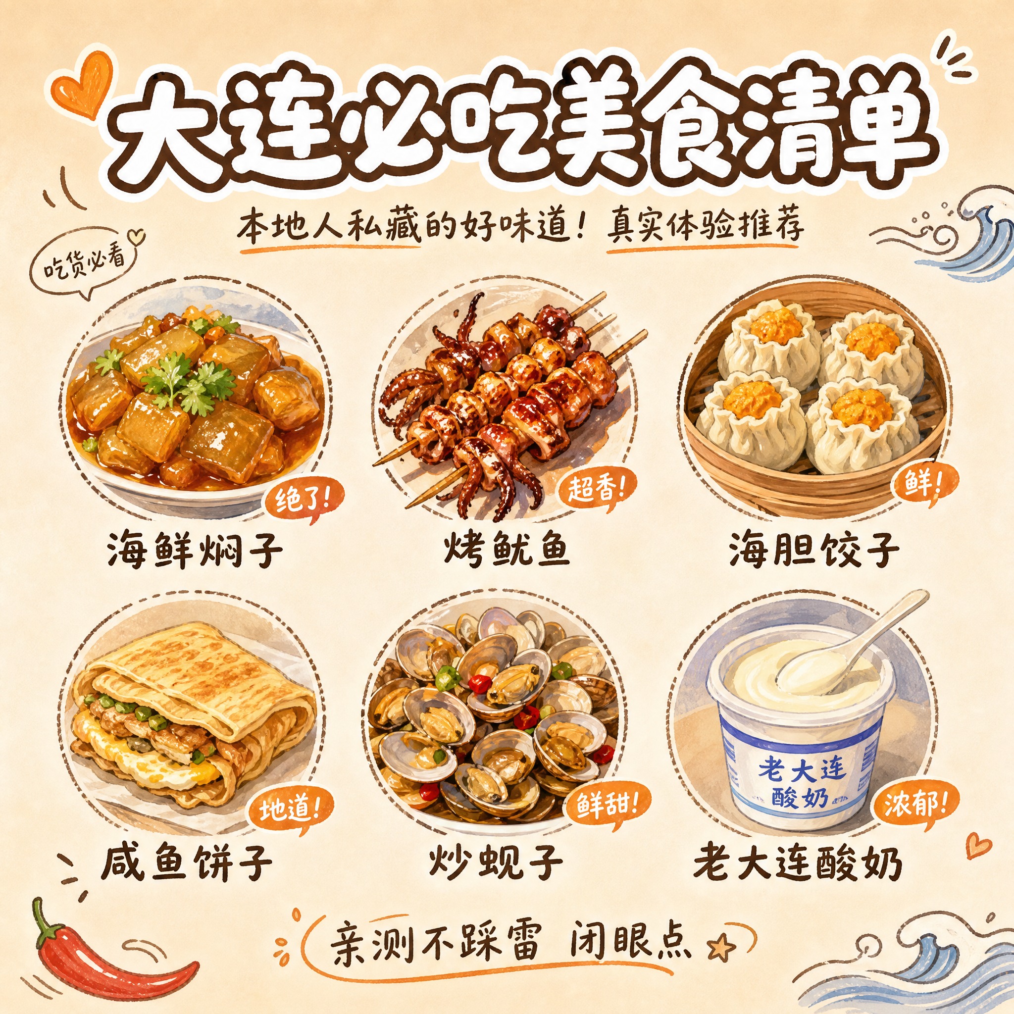 [主图-4] 大连旅游攻略第四张，主题：大连必吃美食清单。团队… - 图片创意预览