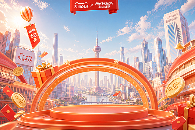 修改这张海报：1.增强背景城市楼房的纵深感，让空间更开阔；2.删除画面上方的标题文字：全场五折起、保价60天 买贵退差以及活动时间；3.删除画面中间的天猫形象和所有海康威视产品；保留顶部红色海康威视和天猫618的联合logo，保留暖橙红色调与3D风格，让画面整体依然协调美观
