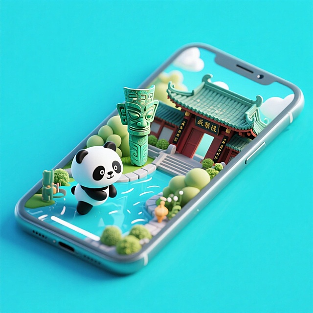 软3D风微缩艺术，可爱熊猫跃出手机屏，融合三星堆与古建筑，清新梦幻的卡通场景，传递传统文化趣味。