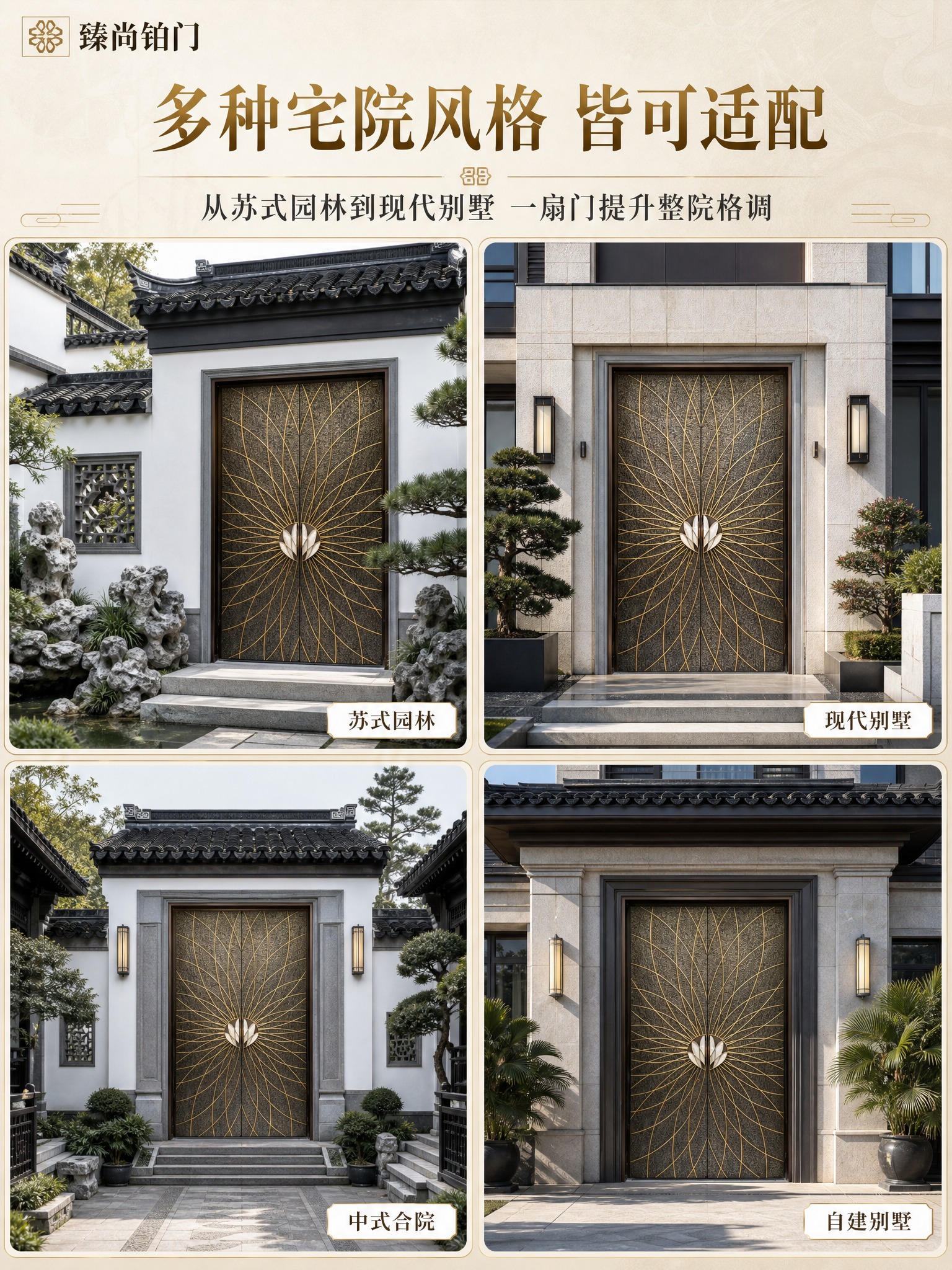 [商品] 使用【图1】莲花放射纹全铝别墅双开大门；保留深古铜色… - 图片创意预览