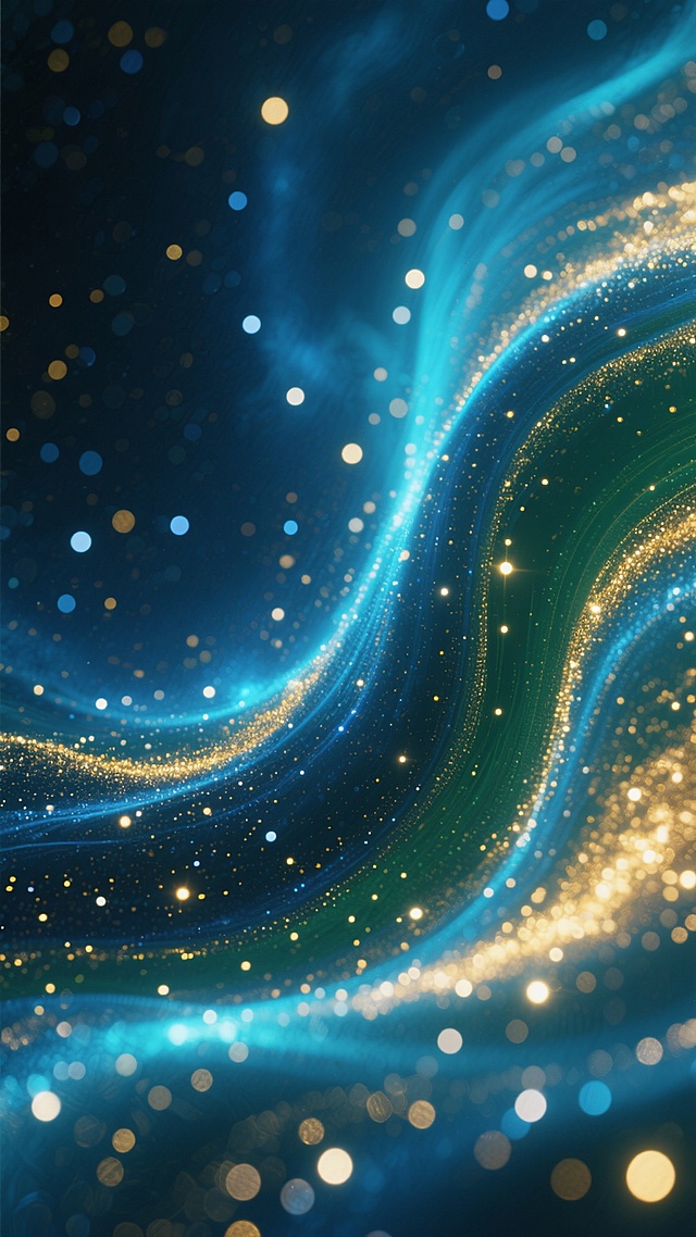 深邃的墨蓝渐变背景，流动着金色与海蓝色的光带，仿佛宇宙星云般梦幻。画面中点缀着无数大小不一、闪烁着微光的金色与白色光点，这些光点在绿色背景上形成了层次感和动感，整体风格神秘而璀璨，充满了流动的韵律和宇宙的浩瀚感，色调以墨蓝、宝蓝为基底，金色和海蓝的光效点缀其中，营造出一种静谧而华丽的氛围。