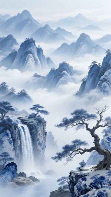 中国传统青花瓷绘风格山水意境，以钴蓝与白为主色调，画面有层峦叠嶂的群山，山间云雾，瀑布从岩崖倾泻而下，点缀古树，笔触细腻仿传统瓷绘预览效果