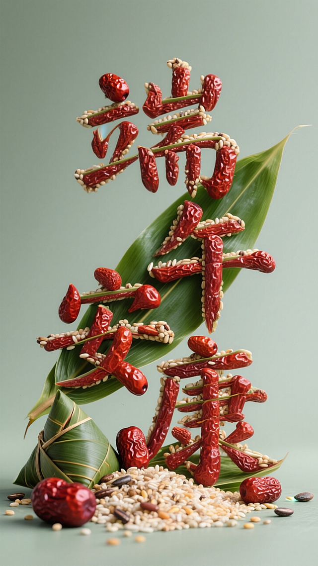 用红枣、杂粮、粽叶、拼成“端午安康”四个字，纯色背景。