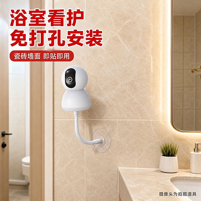 [主图-4] 场景使用：卫生间瓷砖墙面安装使用场景。
[统一基调] 拼多多风格，大字醒目，红白金配色，高饱和对比，主标题用粗黑体大号字，副标题缩小50%以上，圆角卡片，整体热闹有性价比感。
[画面] 真实卫生间场景，浅米色大理石纹理瓷砖墙面，产品粘贴在墙面合适高度，白色摄像头支架通过软管弯曲调整角度，摄像头朝向浴室门口方向，用于看护或监控。画面右侧可见部分洗手台边缘和镜子一角，环境真实自然。产品是画面视觉中心，占比约40%。光线明亮柔和，像白天卫生间开灯效果。
[光影质感] 真实家居摄影质感，产品自然融入卫生间环境，瓷砖墙面有真实反光，产品白色材质在暖白光下颜色准确，纳米贴与墙面接触自然无悬浮感，软管弯曲自然有弧度。
[配色] 整体暖白色调为主，瓷砖米黄色，产品白色，标题红色醒目，辅助文字深灰。
[文字版式] 左上角红色粗体大标题"浴室看护 免打孔安装"，下方小字副标题"瓷砖墙面 即贴即用"。底部右侧小字"摄像头为拍摄道具"。文字放在画面负空间，不遮挡产品。
[输出要求] 1:1正方形，2048px，文字清晰锐利，产品清晰不变形，无水印无平台logo，无多余杂物。