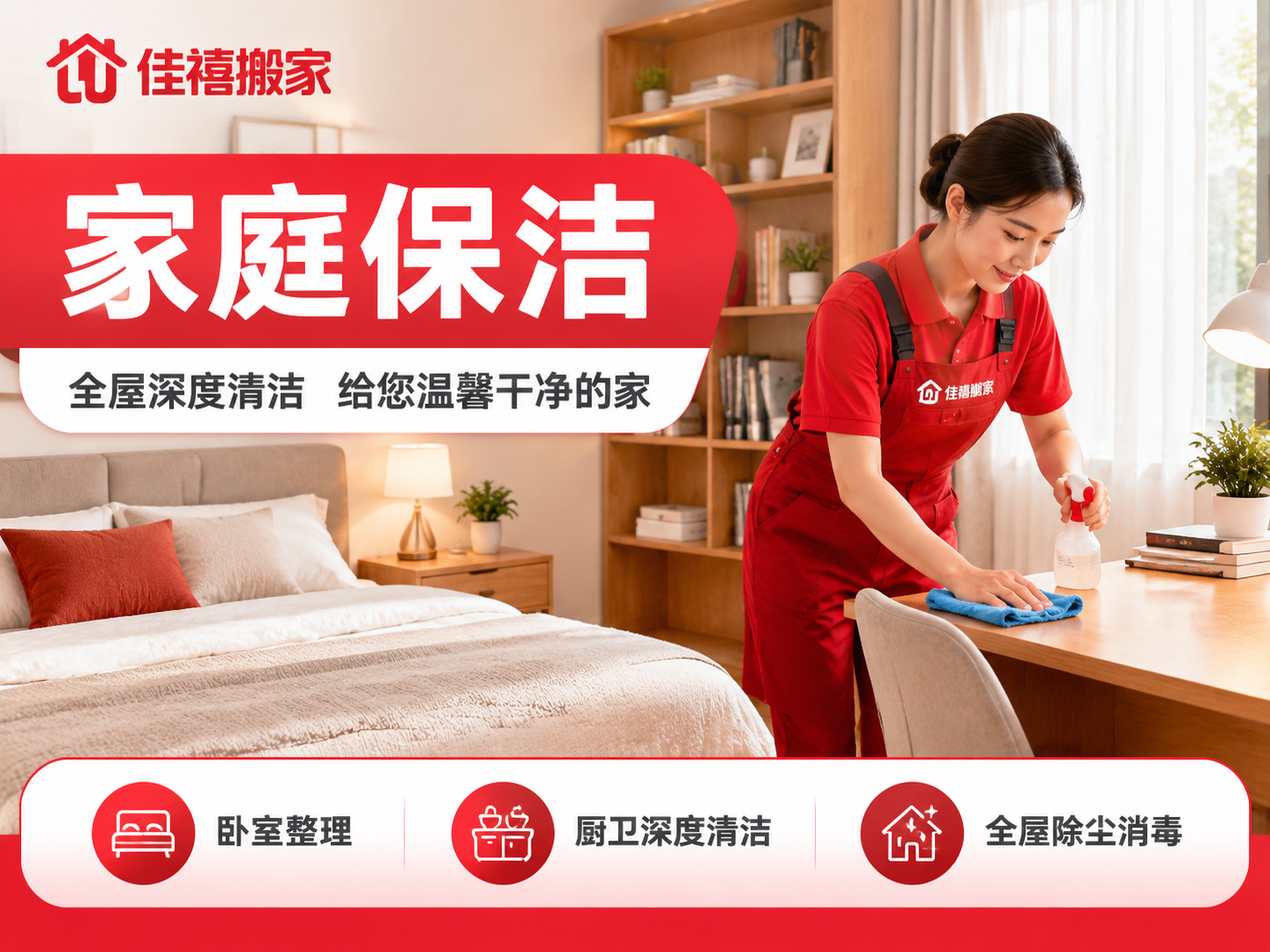 [主图-6] 家庭保洁服务主题图，佳禧搬家品牌红色系家政保洁主… - 图片创意预览