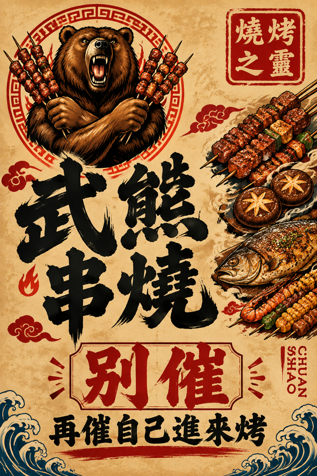 国潮烧烤店门帘图案，复古牛皮纸黄色背景，均匀平整无波浪痕迹，画… - 图片创意预览