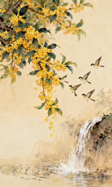 古风场景，宽高比3:5，画面中桂花树繁茂，满枝桂花，大量桂花从左上角斜垂而下，多只小鸟从右侧飞向左侧桂花枝，下方水流从右上往左下流淌，整体色调温暖柔和，充满古韵预览效果