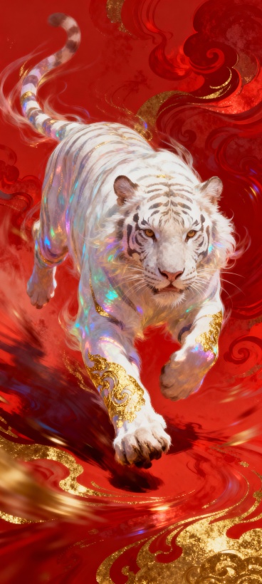 画面以猛虎奔袭为主，虎身有幻彩光泽、梦幻缥缈的质感，老虎是白虎，腿与背景融入了鎏金纹理，底色是浓郁的正红色，画面呈现动感预览效果