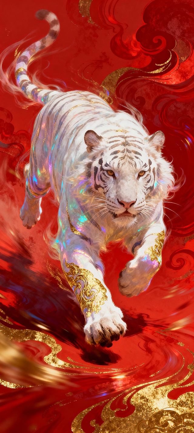 国潮风白虎踏金云，鎏金纹饰辉映红霞，液态光影流动，梦幻与中式喜庆交融，插画风呈现虎年祥瑞。