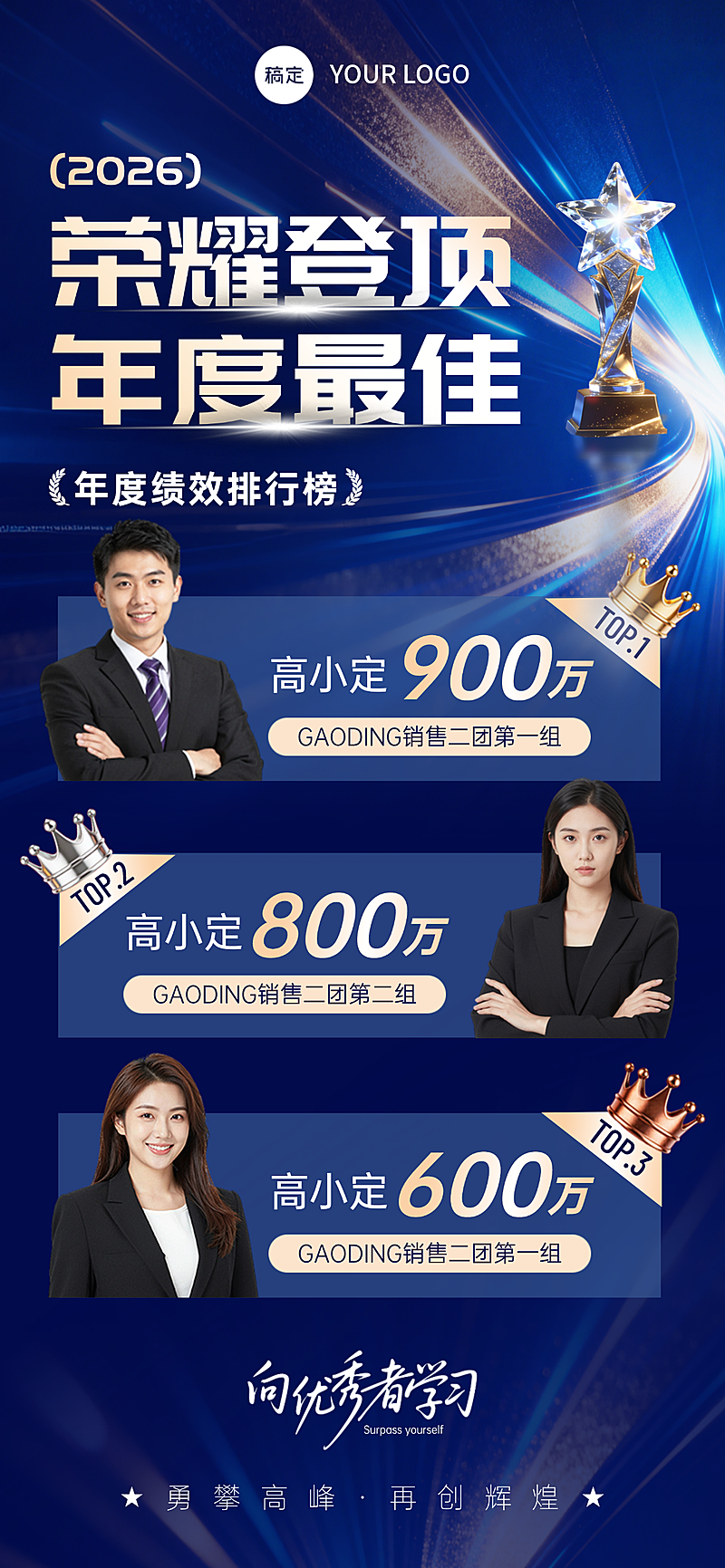 销售业绩喜报表彰蓝金海报