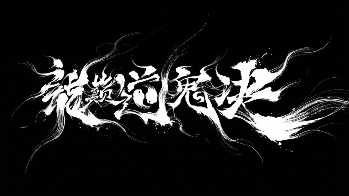 参考原图轮廓，设计汉字书法字体“龙巅道鬼决”，毛笔草书，字迹飞舞，转折夸张，艺术化设计字体特征，笔锋清晰带墨渍飞白，拖尾带有藕断丝连的毛笔细线，极端粗细变换，细的部分极其细腻，带有长长拖尾，黑底白字，预览效果