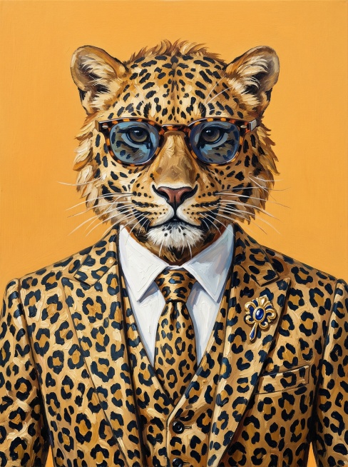超现实主义拟人化动物肖像油画，融合写实油画技法与波普艺术明快色彩，现代创意肖像绘画。纯净橙黄色纯色背景，无多余具象场景元素，简洁干净衬托主体。画面中心是拟人化豹子的上半身正面朝向观者，为视觉核心：豹子预览效果