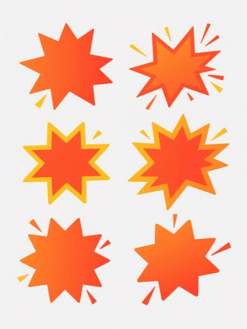 白色背景上整齐排列六个橙红色调促销主题元素，每个元素均为不规则放射状爆炸形轮廓，边缘线条平滑锐利，内部色彩从橙红色向黄色自然柔和过渡，部分元素带有细小装饰性尖角或延展线条，整体呈现活泼醒目、充满动感的现代扁平化设计风格，适合促销活动视觉强调。预览效果