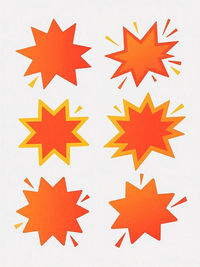 白色背景上整齐排列六个橙红色调促销主题元素，每个元素均为不规则放射状爆炸形轮廓，边缘线条平滑锐利，内部色彩从橙红色向黄色自然柔和过渡，部分元素带有细小装饰性尖角或延展线条，整体呈现活泼醒目、充满动感的现代扁平化设计风格，适合促销活动视觉强调。