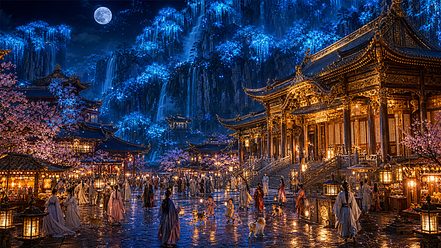 上古东方萤光仙府秘境，月夜下的千年雅集，史诗级中式美学场景，极繁主义细节，极致对称空间深邃纵深感，兼具静谧仙气与市井烟火气，对称纵深构图，以主殿与崖壁为引导线，强化从近景广场到远景萤光崖壁的多层级空间延伸感，打造“萤光崖下仙府”的梦幻透视效果，画面右侧的鎏金主殿，飞檐翘角、雕梁画栋，鎏金装饰在灯光下熠熠生辉，暖黄灯火从殿内透出，照亮石阶与广场，尽显恢弘雅致；左侧的配殿与亭台错落分布，粉樱点缀其间，营造出浪漫氛围，仙府前的广场，古装人群往来交谈，孩童嬉戏，萌犬穿梭其间，宫灯与摊位灯火朦胧，进一步丰富场景层次；崖壁上的萤光蓝树如瀑布般垂落，幽蓝光晕如星河倾泻，与山间瀑布交相辉映，形成天然的萤光穹顶，深邃的墨蓝夜空，萤光蓝树与瀑布向远方延伸，水雾与夜色交织，通过主殿的对称延伸、萤光崖壁的虚实层次、光影的冷暖对比，极致放大场景的静谧梦幻感与浪漫氛围，主殿的鎏金装饰、飞檐斗拱、雕花窗棂、木质廊柱与石阶、宫灯的木质结构与光晕，崖壁的岩石肌理与奇松，细节可放大赏析，萤光蓝树的朦胧光晕、瀑布的水流与水雾、粉樱的花瓣层次、古装人群的服饰褶皱与动态、萌犬的神态，微观层次饱满，采用“近暖远冷、近实远虚”的光影逻辑，近景仙府灯火暖黄明亮，中景广场灯火在夜色中朦胧柔和，远景萤光蓝树泛着冷调蓝光，通过明暗对比与虚实渐变强化静谧梦幻感，整体光影层次丰富，氛围感拉满，建筑的木质与鎏金质感、崖壁的粗糙岩石肌理、萤光蓝树的朦胧流动感、粉樱的花瓣轻盈感，8K超写实渲染，极致细节质感，中式仙侠美学，国风浪漫史诗，极繁主义构图，秩序井然的元素堆叠，通过对称空间与光影打造极致静谧梦幻感，UE5渲染，8K超清，电影级调色，景深效果，HDR，ultra realistic, epic cinematic，没有西方建筑元素、现代科技、畸形结构、模糊纹理、杂乱色彩、过曝/死黑区域，没有人物/动物畸形肢体，没有破坏空间纵深感的平面化构图