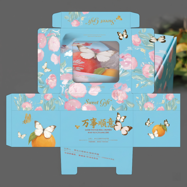 请将这张图片里的包装盒子进行平铺展开，把包装盒变成设计好的包装刀版图案，风格一致，精准提取插画，自动补充插画遮挡部分「图片1」预览效果