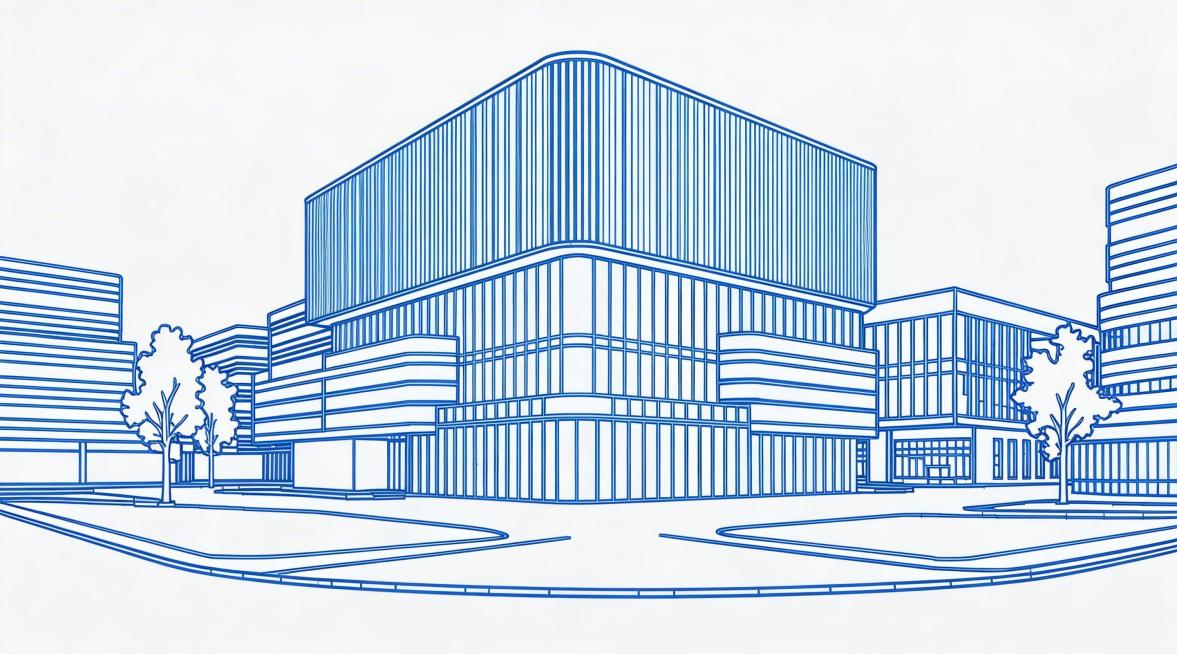 保持建筑线稿内容不变，将图中的金色线条替换为有科技感的蓝色线条，保留白色背景预览效果