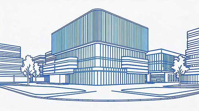 保持建筑线稿内容不变，将图中的金色线条替换为有科技感的蓝色线条，保留白色背景