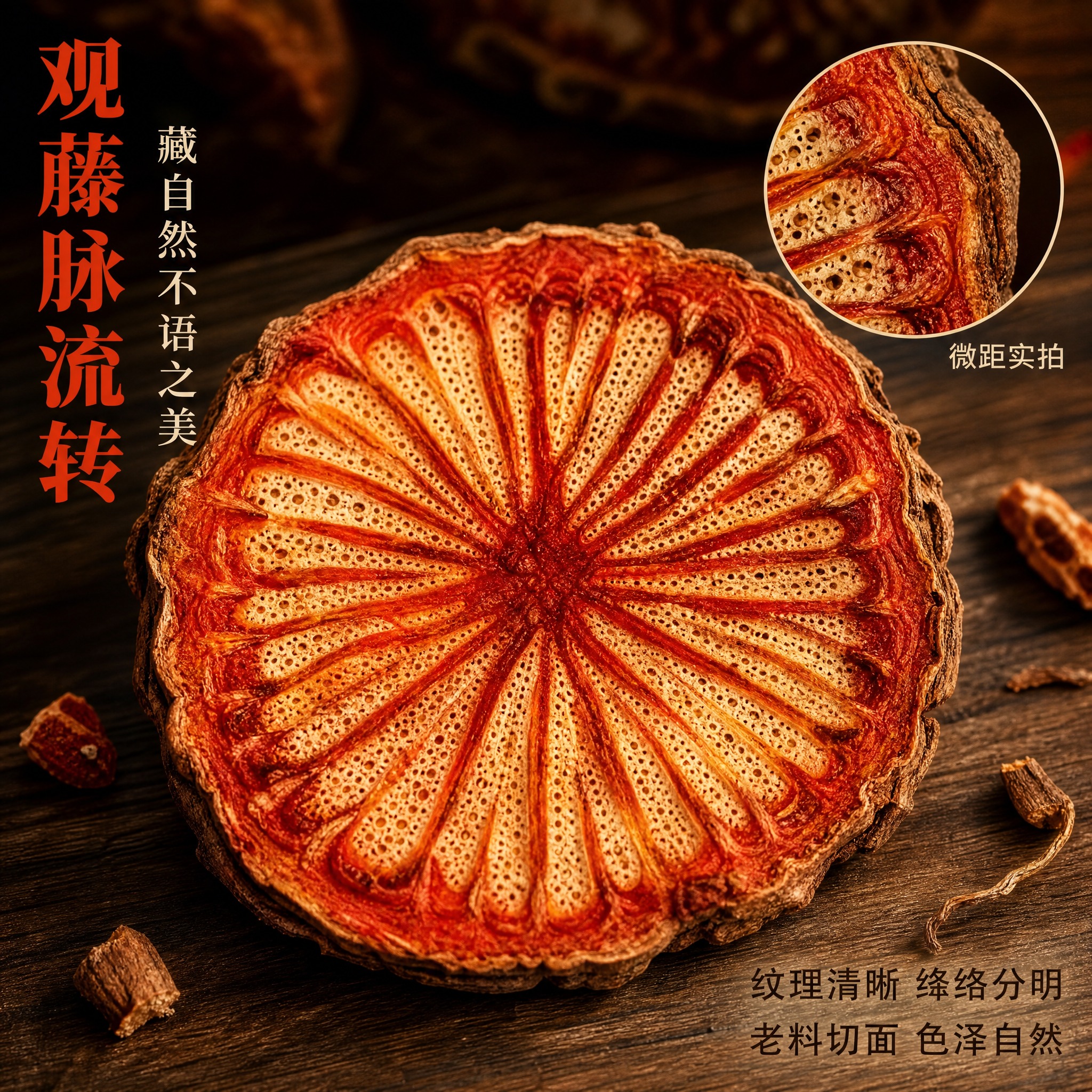 [主图-3] 细节微距图，聚焦展示五花大血藤的独特绛络纹理与切… - 图片创意预览