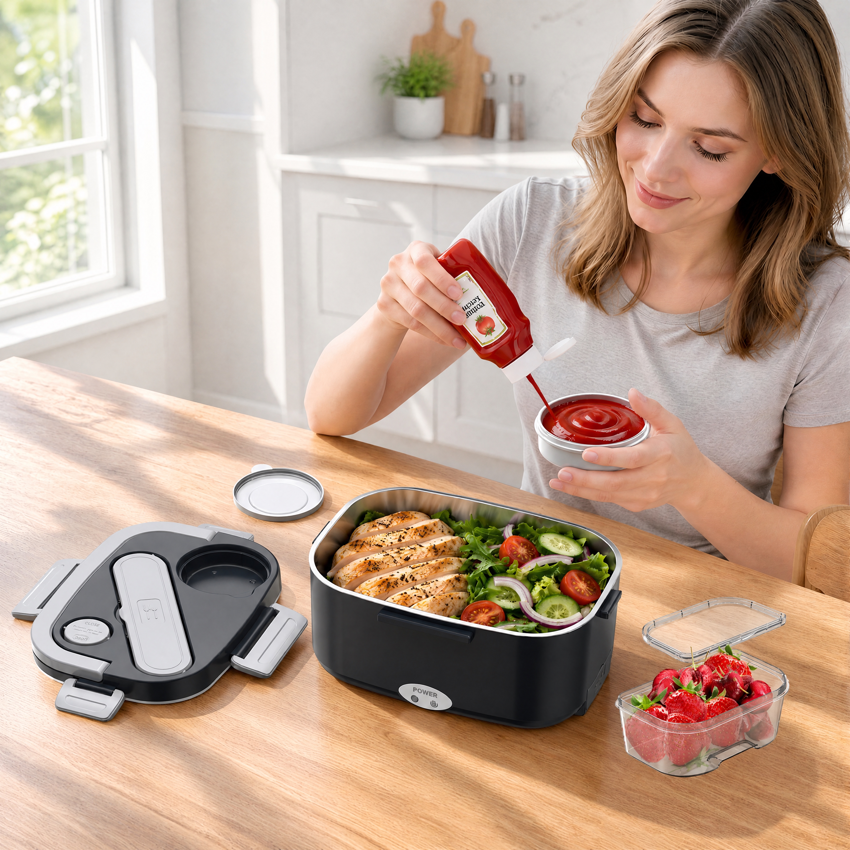 让画面中的所有产品（饭盒主体、盖子、酱料盒、草莓透明盒）与厨房… - 图片创意预览