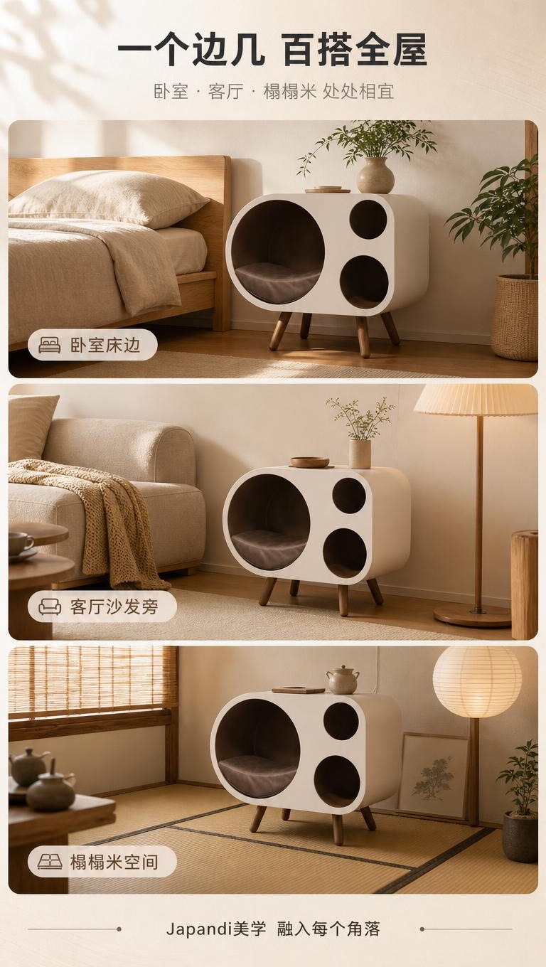[商品] 使用【图1】Japandi风猫窝床头柜；保留白色圆润… - 图片创意预览