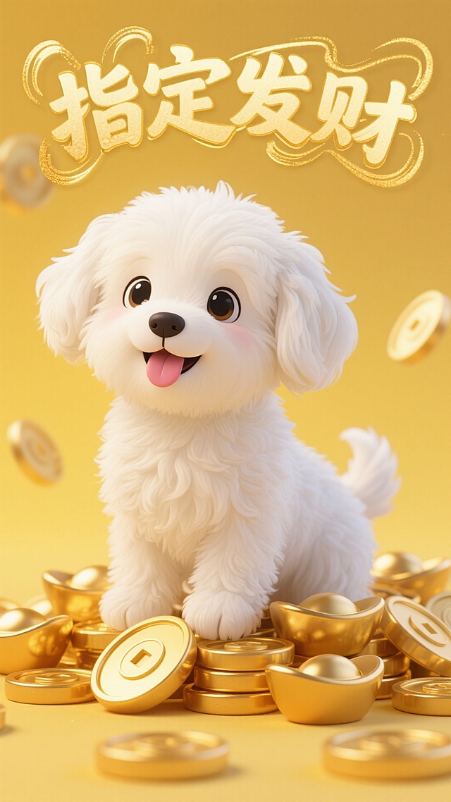 以萌犬为主体，搭配金币元素与 “指定发财” 文字，营造喜庆招财氛围