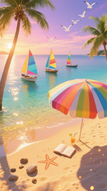俯视视角，在一片被夕阳染成蜜糖色的热带海湾，水晶般透明的海水呈现出从柠檬黄到孔雀蓝的渐变层次，巨大的彩色条纹遮阳伞如花朵般绽放在细腻的金色沙滩上，伞下散落着一本翻开的小说和半杯冰镇果汁，几颗圆润的鹅卵石在退潮的水痕中闪烁着湿润的光泽，远处三艘挂着彩色风帆的小渔船正缓缓归港，天空被拉长成棉花糖般的粉紫色晚霞，一群白色海鸥排成优美的V字形掠过天际，近处的椰子树投下长长的影子与沙滩上孩童画的海星图案……预览效果