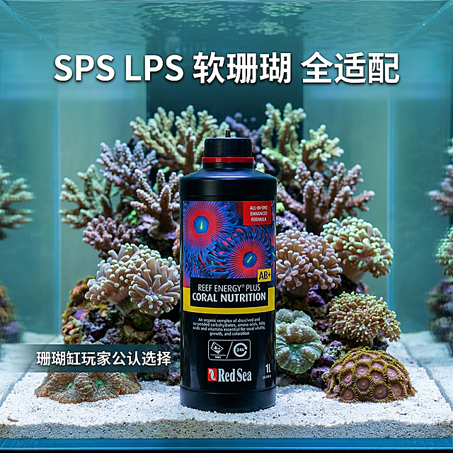 [垫图] https://gdesign-dam-hz.dancf.com/35965341965600884/ae5a6bf734ea494a85d3b22ac903d09a.jpg
[主图主题] 全珊瑚通用场景展示主图
[氛围/风格] 自然真实水族氛围，简约高级
[画面元素] 产品放置在海水缸前侧，背景展示多种珊瑚（SPS、LPS、软珊瑚）在海缸中健康生长的状态，水清透亮，色彩丰富自然，产品清晰不被遮挡，保持产品外观与原图一致，整体光影模拟真实水族缸灯光效果。
[配色色系] 主色调：海水蓝绿色，搭配珊瑚多彩色泽，产品黑色瓶身形成视觉对比
[视角构图] 产品前景居中，背景虚化海缸场景，景深自然
[文字版式] 顶部居中主标题 "SPS LPS 软珊瑚 全适配"，加粗白色字体带浅弥散阴影；左下角小字标注 "珊瑚缸玩家公认选择"，浅白色字体，文字悬浮背景不遮挡产品核心主体，构图均衡舒适。
[比例分辨率] 2048*2048px，2k分辨率