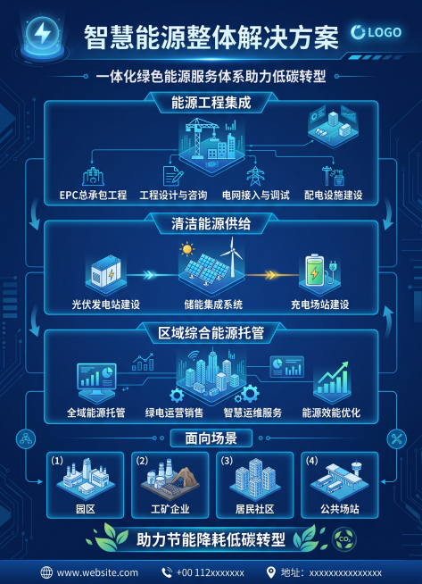 「图片1」「图片1」结合附件的产品清单及解决方案，生成类似的智慧能源的设备清单及整体的解决方案，能源工程集成、清洁能源供给、区域综合能源托管三大服务方向，构建光伏发电、储能集成、充电场站建设、绿电运营预览效果
