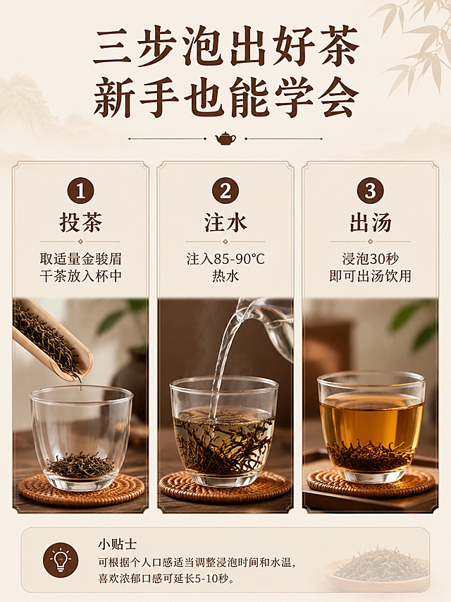 [第9屏] 冲泡指南 - 三步简易金骏眉泡茶法。
[氛围/风格] 清晰直观，茶艺雅致，步骤展示清楚，教学风格。
[元素布局] 三格横排布局，每格展示一个冲泡步骤：1. 投茶：取适量金骏眉干茶放入杯中；2. 注水：注入85-90℃热水；3. 出汤：浸泡30秒即可出汤饮用；每个步骤配对应示意图和文字说明，布局均匀。
[光影质感] 每步均匀柔光，示意图清晰明亮，文字信息突出。
[配色色系] 背景浅米色，示意图自然色调，文字深棕色，风格统一素雅。
[视角构图] 三步横向等分排版，从左到右阅读顺序，清晰明了。
[文字版式] 顶部主标题「三步泡出好茶 新手也能学会」，每格步骤标注序号+标题，说明文字简洁，字体大小一致，清晰易读。
[比例分辨率] 3:4 竖版比例，4K分辨率，文字清晰可辨，高清画质。
[负向提示词] 步骤顺序颠倒，文字模糊，示意图混乱