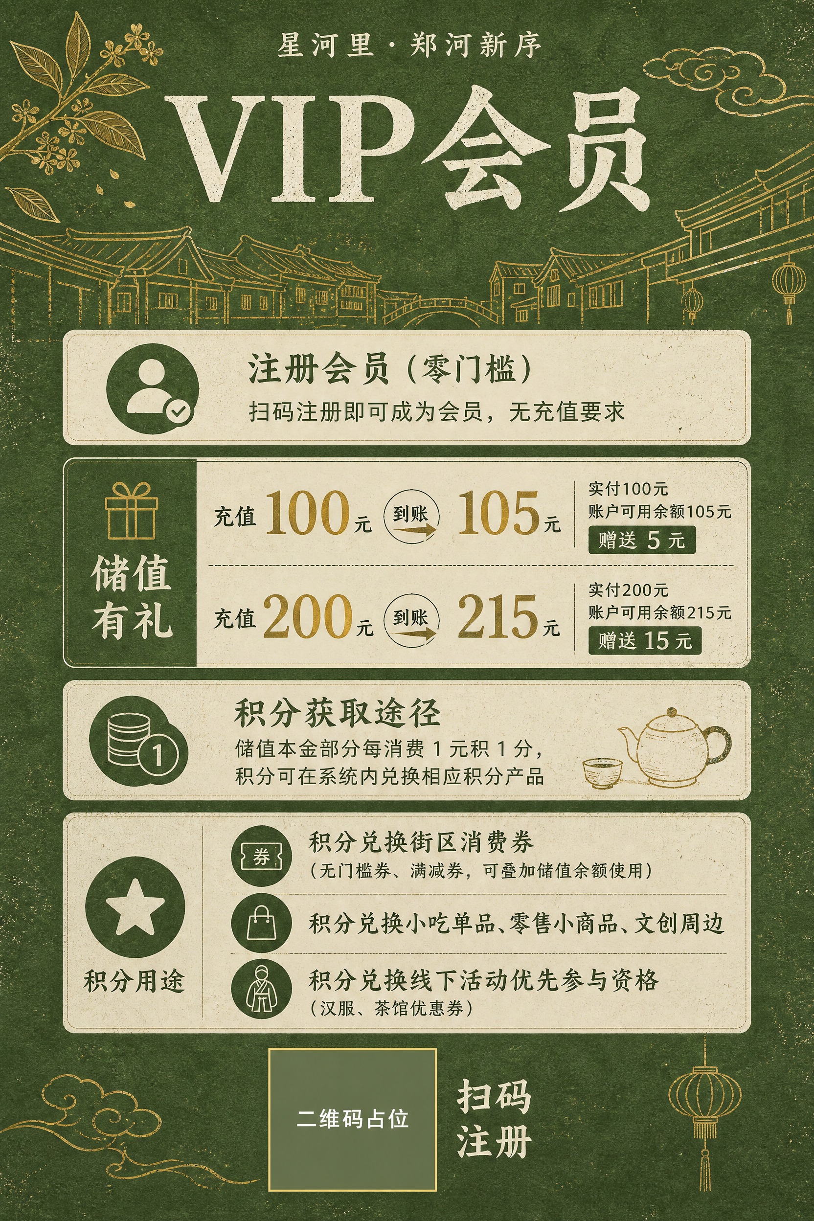 为新中式文商旅街区「星河里·郑河新序」设计一张 VIP 会员充… - 图片创意预览