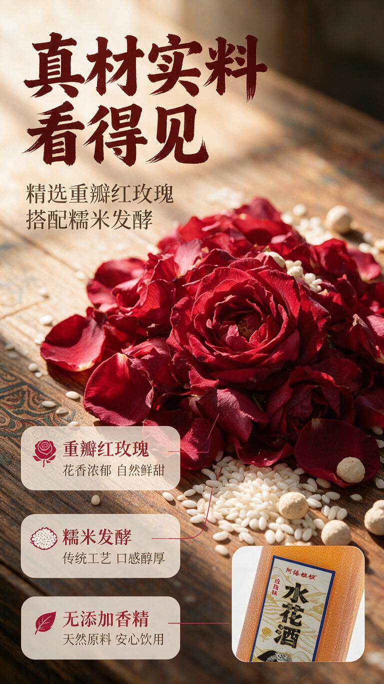 [商品] 阿依妞妞玫瑰味水花酒原料展示，突出真实原料。 [画面… - 图片创意预览