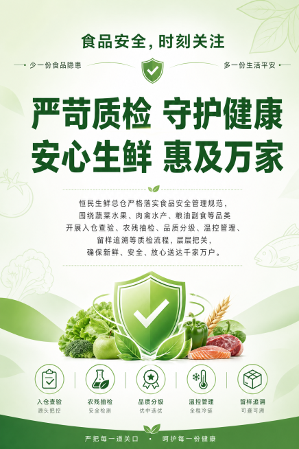 重新设计一张简约干净的食品安全宣传海报，不包含任何人物露脸，排版简洁清晰。顶部放标题"食品安全，时刻关注"，两侧分别放"少一份食品隐患"和"多一份生活平安"，中间大字"严苛质检 守护健康
安心生鲜 惠预览效果