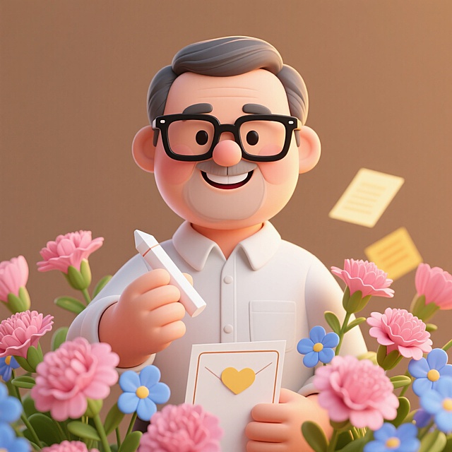 温馨软3D风，卡通老师手持贺卡，花丛环绕，节日祝福氛围浓厚。